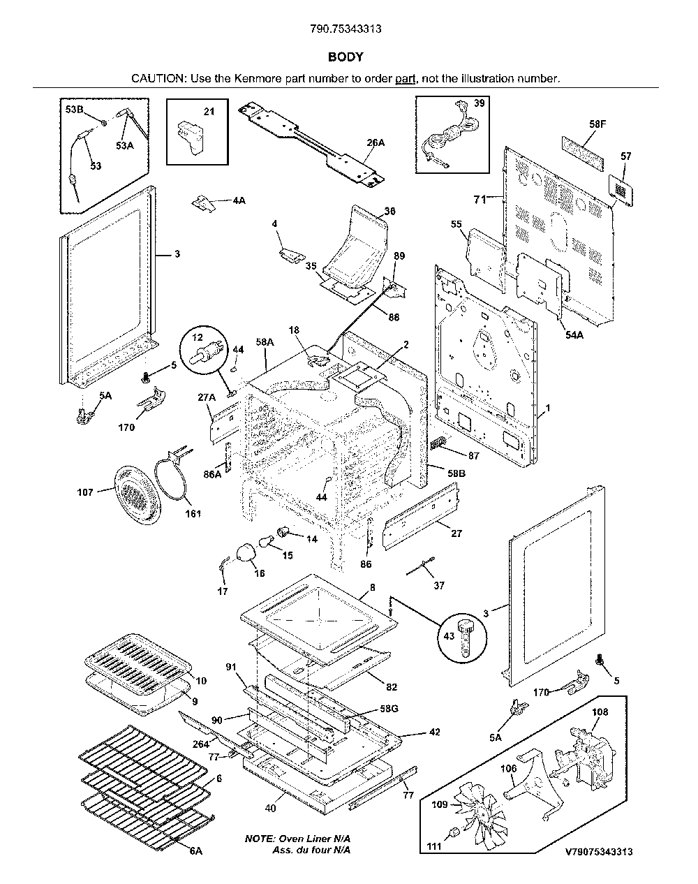 Body Diagram and Parts List for 79075343313  Kenmore Range