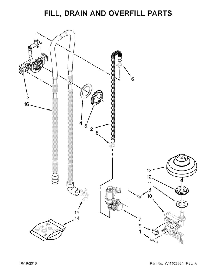 Fill, Drain And Overfill Parts Diagram and Parts List for JDB9000CWP3  Jenn-Air Dishwasher