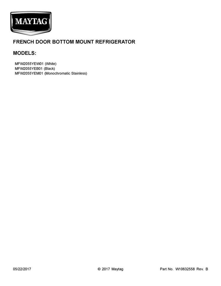 Cover Sheet Diagram and Parts List for MFW2055YEB01  Maytag Refrigerator