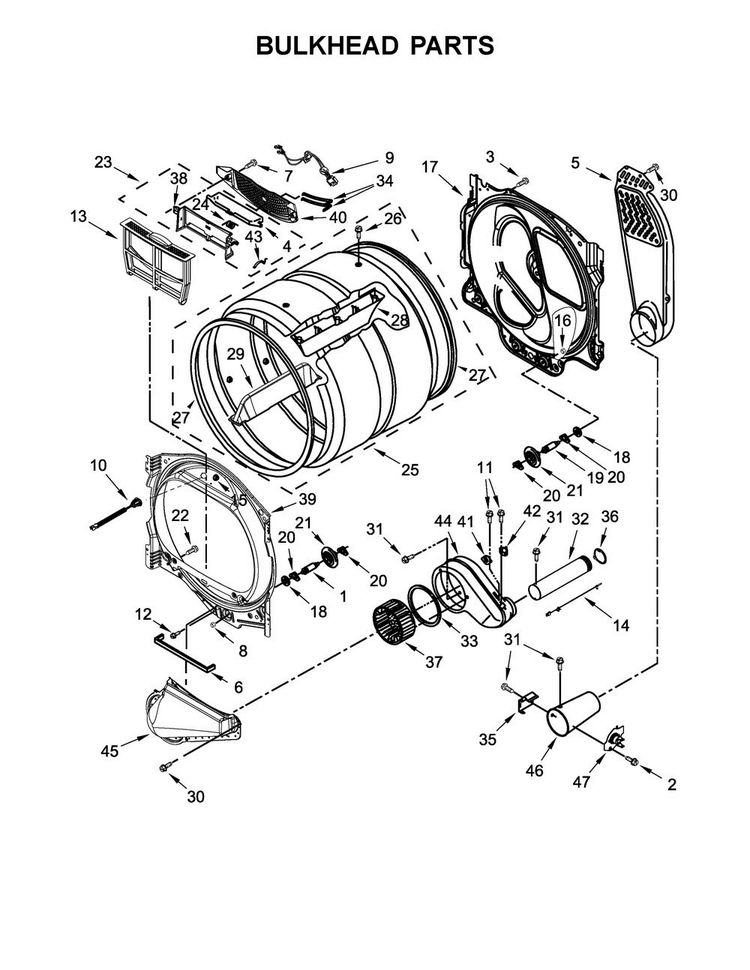 Bulkhead Parts Diagram and Parts List for 7MMGDB835EW2  Maytag Dryer