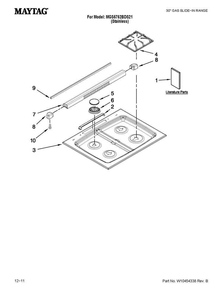 Cooktop Parts Diagram and Parts List for MGS5752BDS21  Maytag Range
