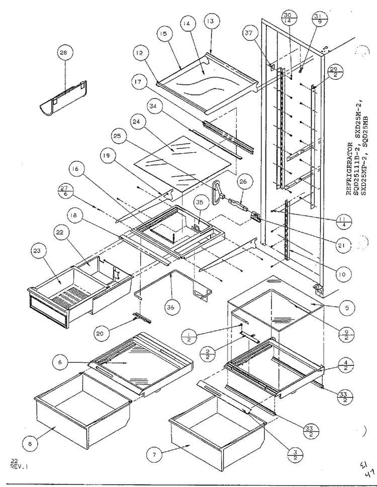 Refrigerator Shelving And Drawers Page 7 Diagram and Parts List for SXD25MP-2  Amana Refrigerator