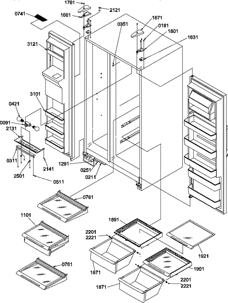 Refrigerator/freezer Shelves, Lights, And Hinges Diagram and Parts List for SPD25TL-P1303505WL  Amana Refrigerator