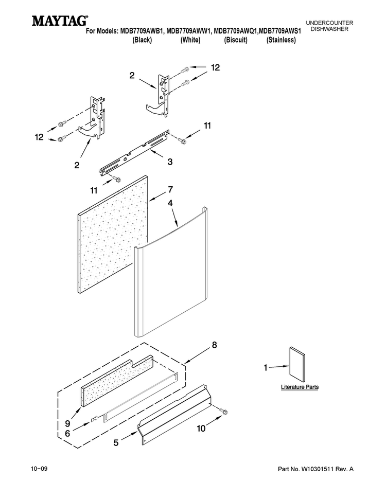 Door And Panel Parts Diagram and Parts List for MDB7709AWS1  Maytag Dishwasher