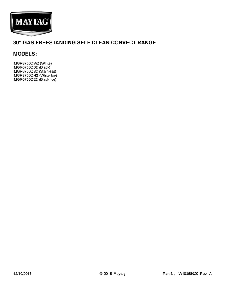 Cover Sheet Diagram and Parts List for MGR8700DW2  Maytag Range