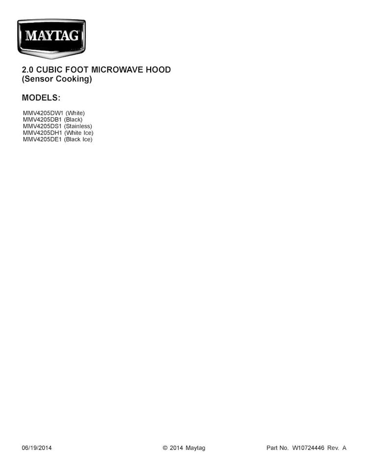 Cover Sheet Diagram and Parts List for MMV4205DB1  Maytag Microwave