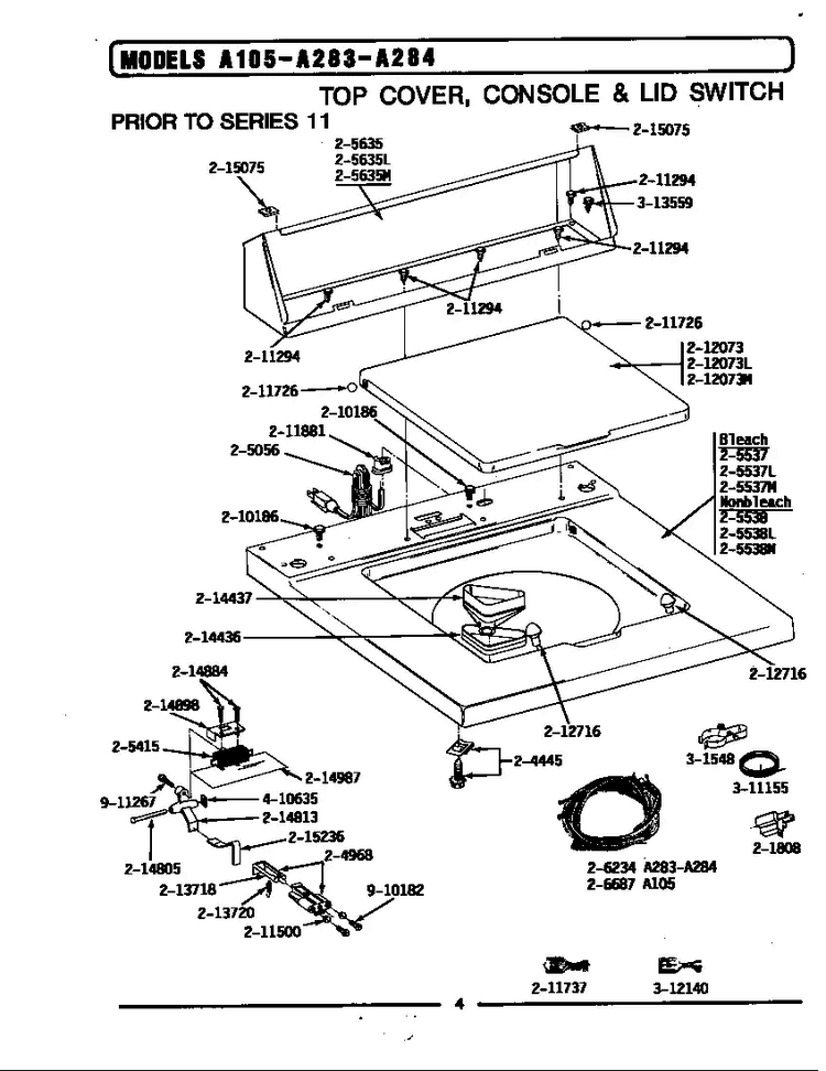 Top Cover, Console & Lid Switch Diagram and Parts List for BA283  Maytag Washer