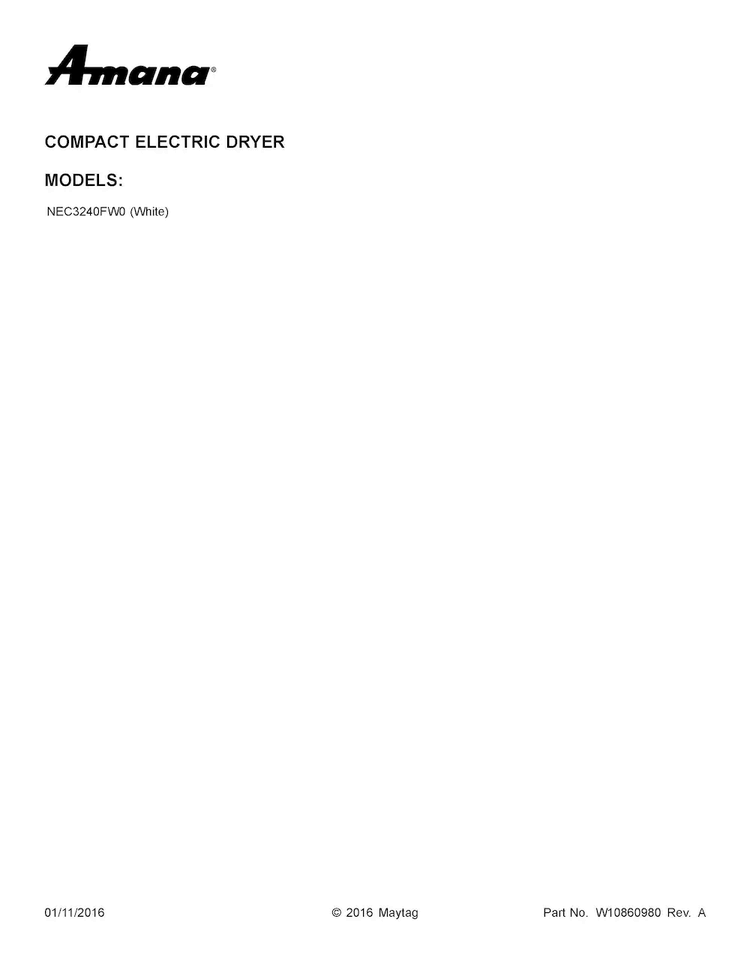 Cover Sheet Diagram and Parts List for NEC3240FW0  Amana Dryer