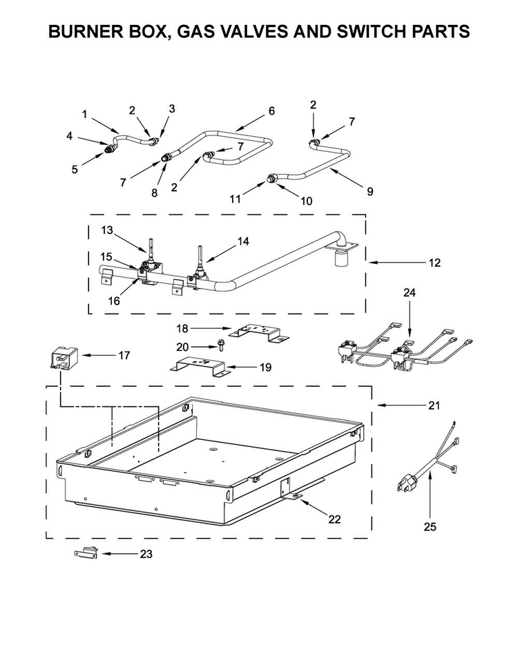 Burner Box, Gas Valves And Switch Parts Diagram and Parts List for JGC3215GS0  Jenn-Air Cooktop