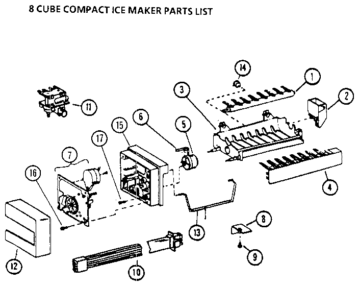 8 Cube Compact Ice Maker Diagram and Parts List for 36511-P1121603W  Amana Refrigerator