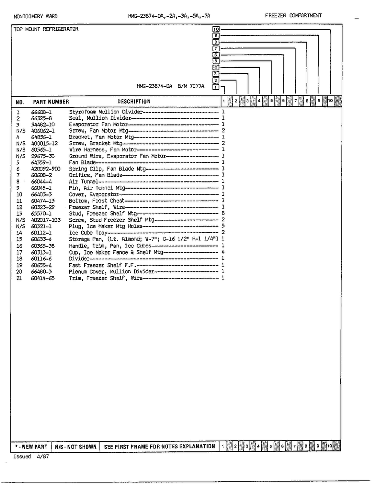 Freezer Compartment Assembly Page 2 Diagram and Parts List for 23874A  Admiral Refrigerator
