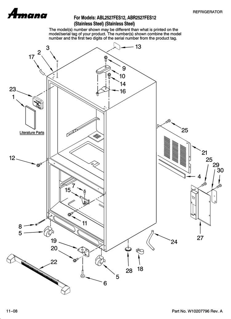Cabinet Parts Diagram and Parts List for ABL2527FES12  Amana Refrigerator