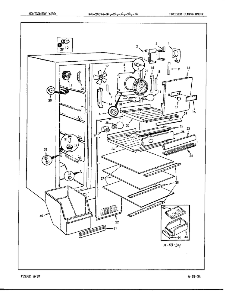 Freezer Compartment Diagram and Parts List for 24874A  Admiral Refrigerator