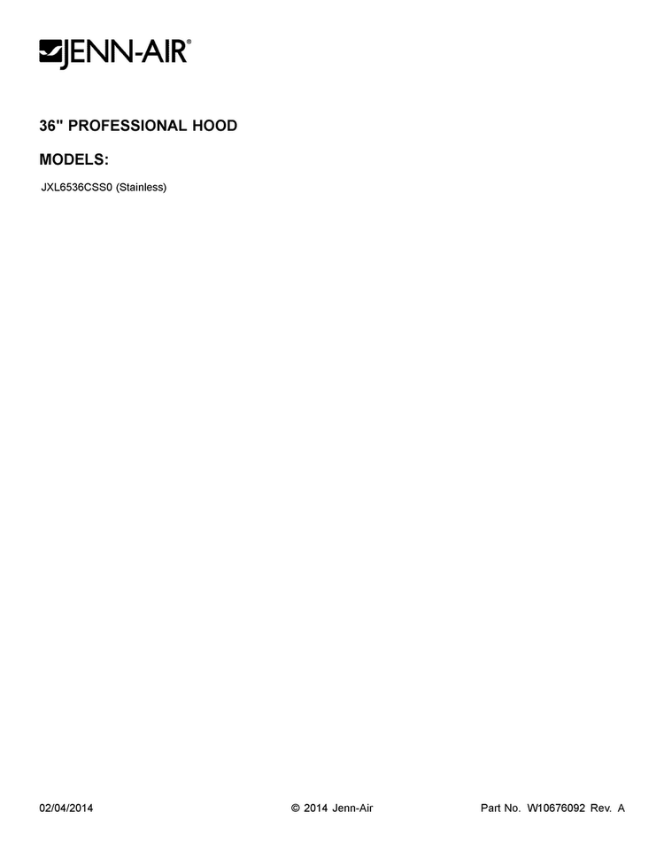Cover Sheet Diagram and Parts List for JXL6536CSS0  Jenn-Air Range Hood