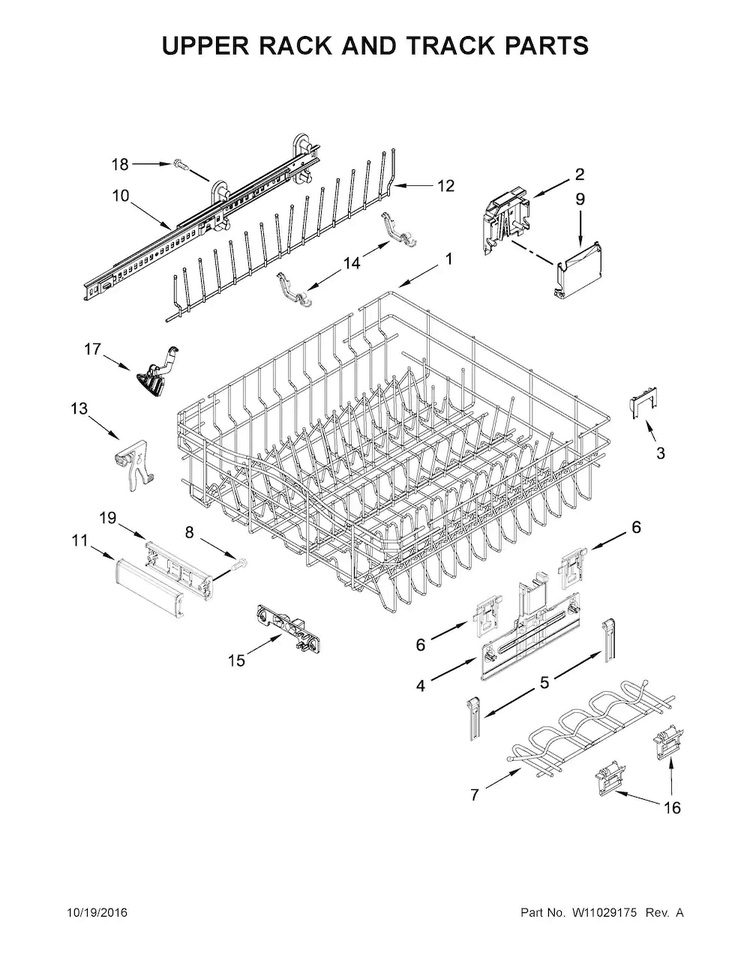 Upper Rack And Track Parts Diagram and Parts List for JDB9000CWS3  Jenn-Air Dishwasher