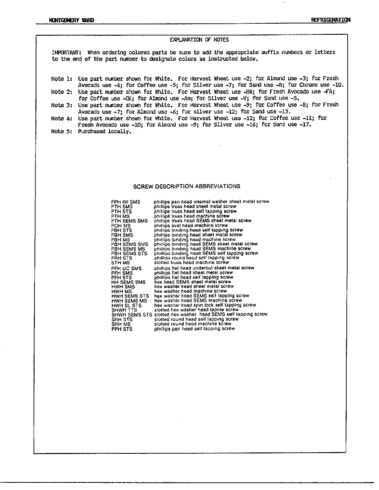 Explanation Of Notes Diagram and Parts List for 22572A  Admiral Refrigerator