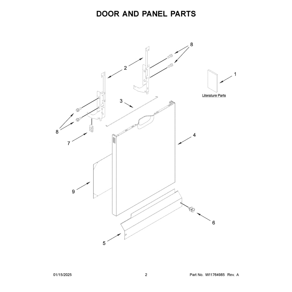 Door And Panel Parts Diagram and Parts List for ADFS2524RZ0  Amana Dishwasher