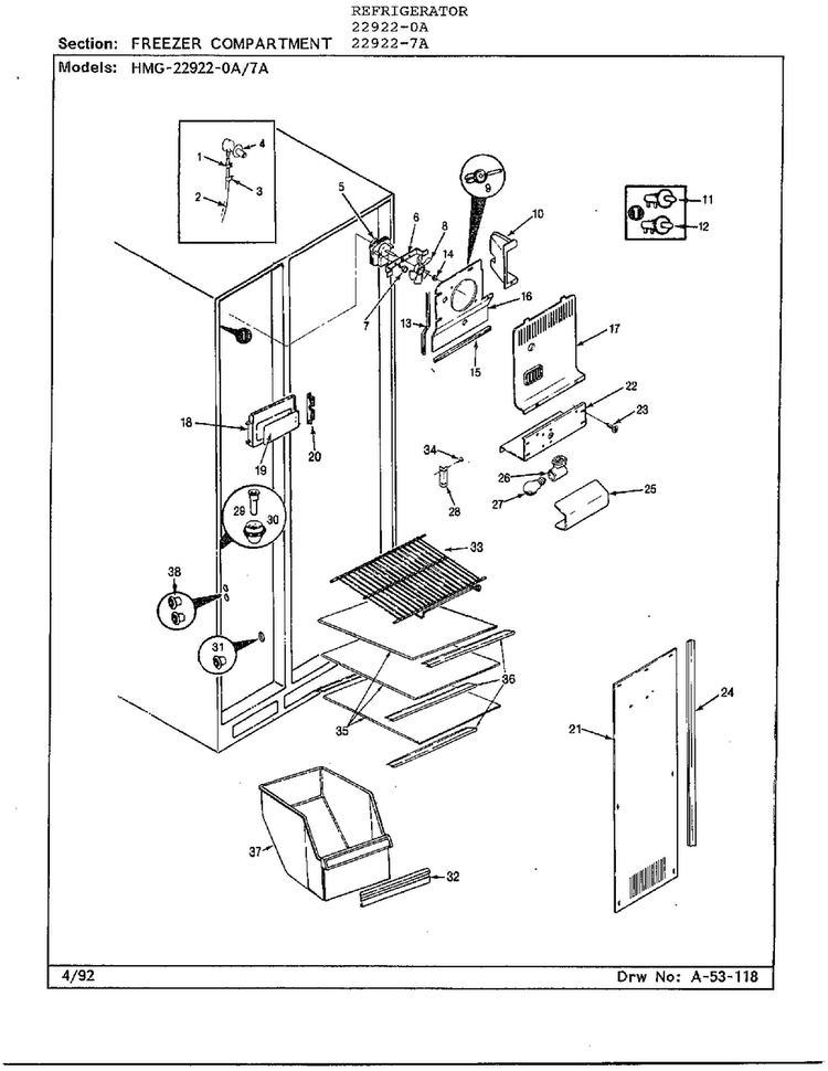Freezer Compartment Diagram and Parts List for 22922-7A  Admiral Refrigerator
