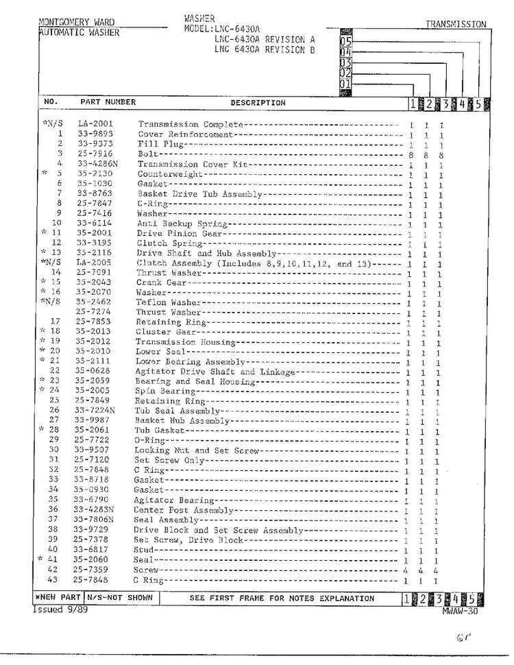 Transmission Page 2 Diagram and Parts List for 6430 LOT A REV B Norge Washer