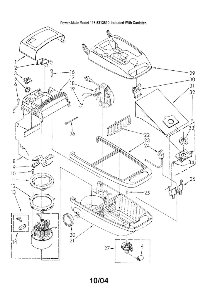 Canopy/body/wheels Diagram and Parts List for 1162314390  Kenmore Canister Vacuum