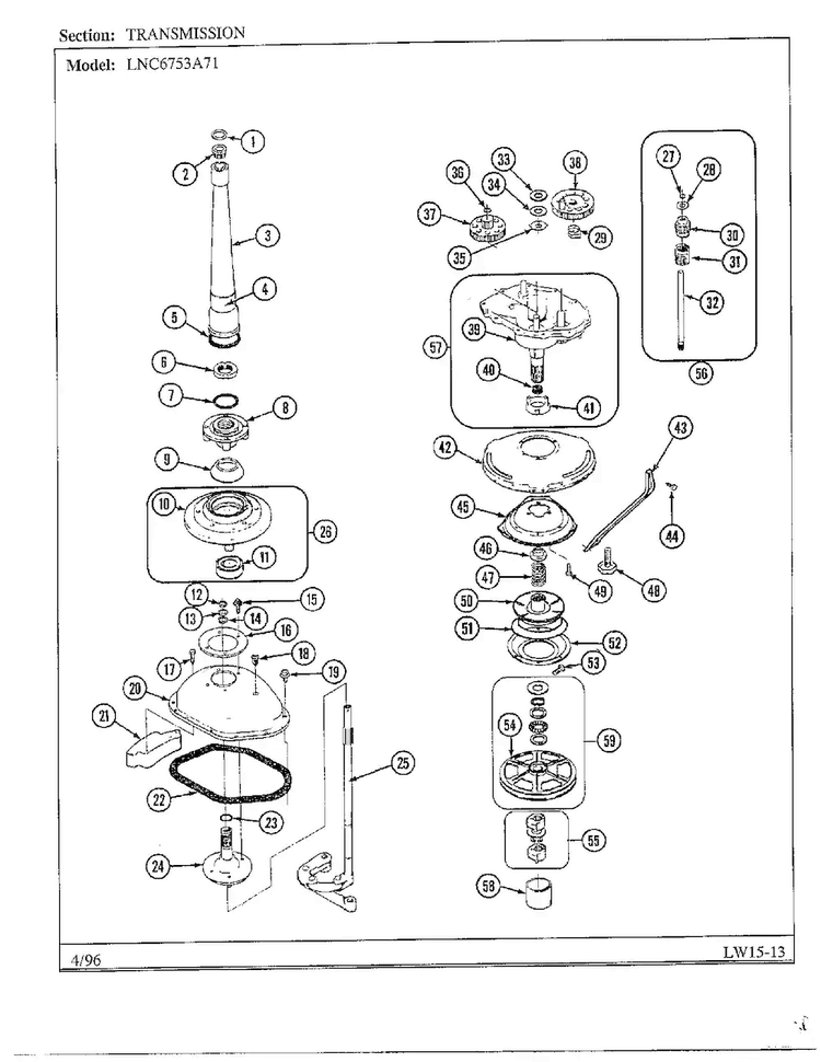 Transmission Diagram and Parts List for LNC6753A71  Admiral Washer