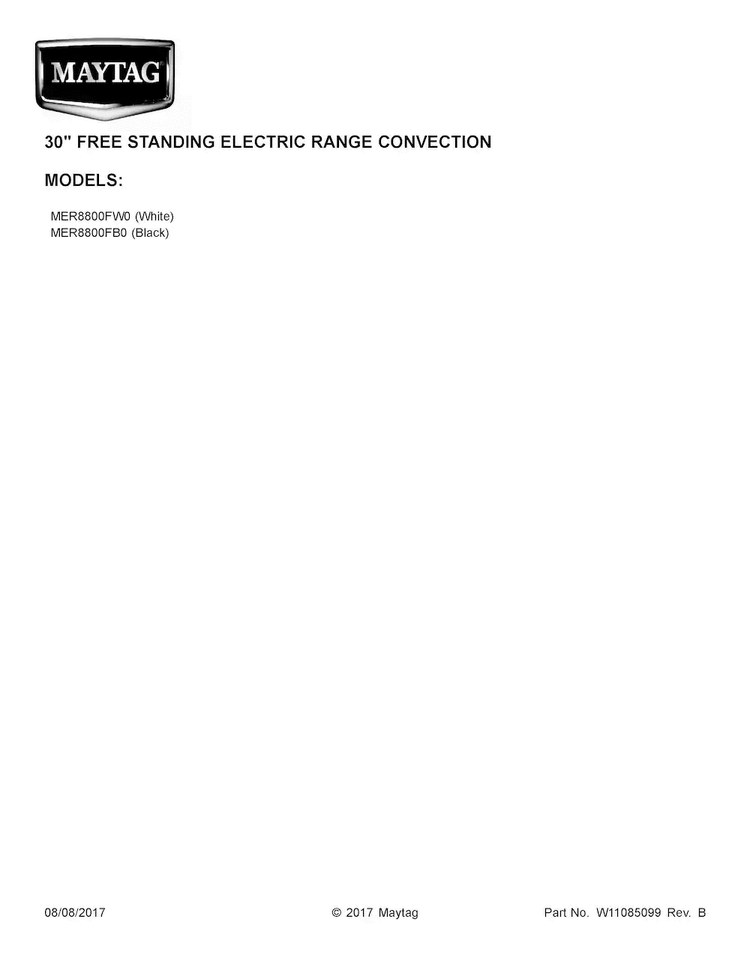 Cover Sheet Diagram and Parts List for MER8800FB0  Maytag Range