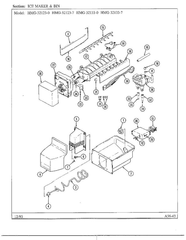 Ice Maker And Bin Diagram and Parts List for 32123-0  Admiral Refrigerator