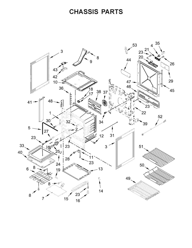 Chassis Parts Diagram and Parts List for JES1750EB0  Jenn-Air Range