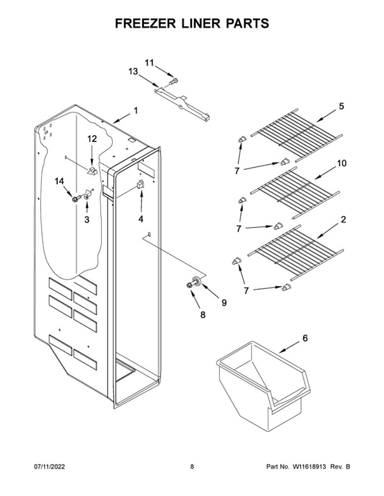 Freezer Liner Parts Diagram and Parts List for ASI2175GRW08  Amana Refrigerator