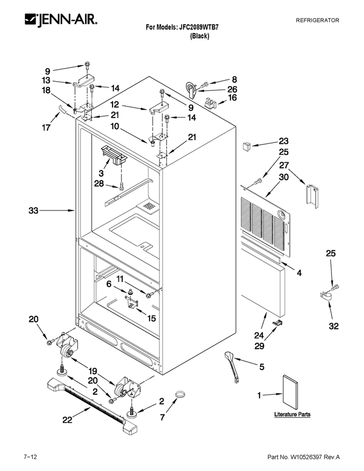 Cabinet Parts Diagram and Parts List for JFC2089WTB7  Jenn-Air Refrigerator