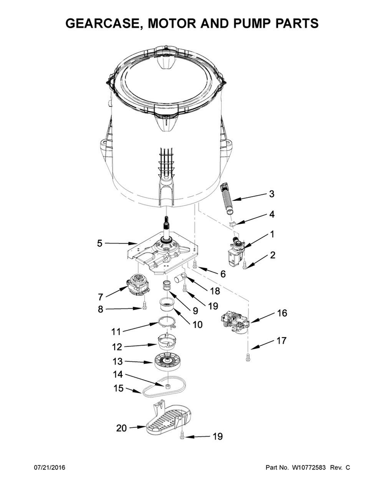 Gearcase, Motor And Pump Parts Diagram and Parts List for NTW4615EW0  Amana Washer