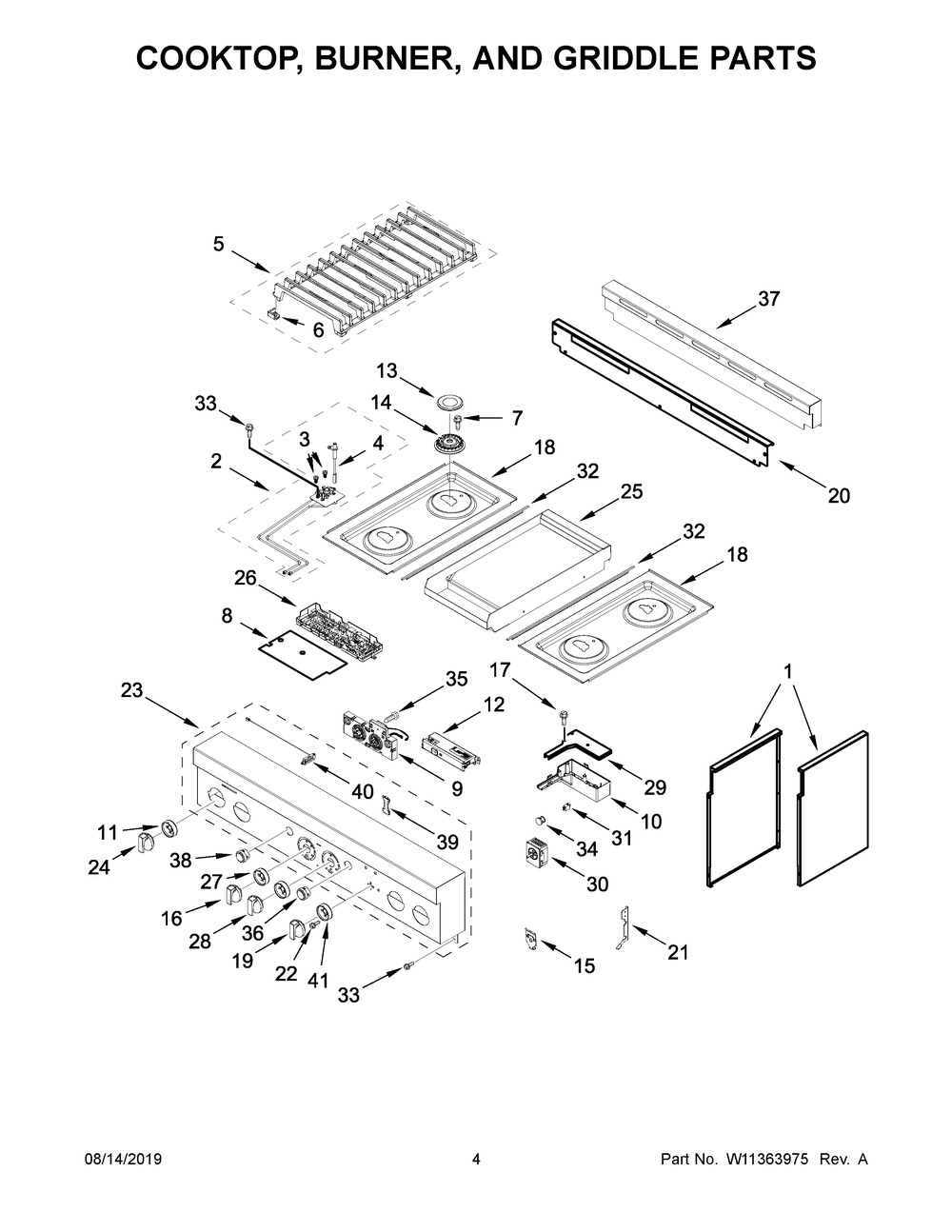 Cooktop, Burner, And Griddle Parts Diagram and Parts List for JGRP536HM00  Maytag Range