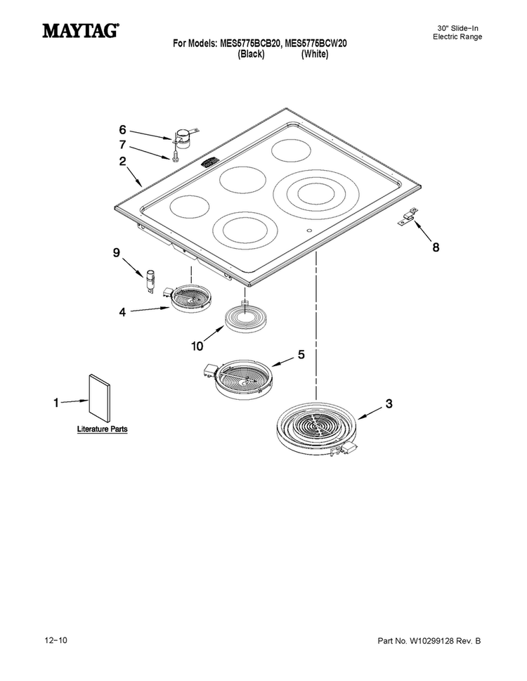 Cooktop Parts Diagram and Parts List for MES5775BCW20  Maytag Range