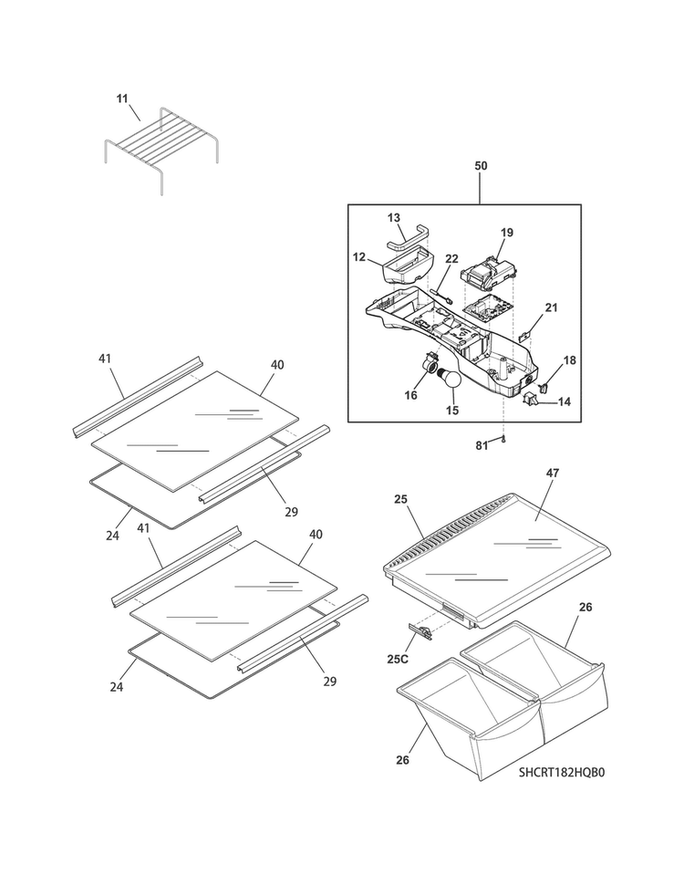 Shelves Diagram and Parts List for CRT182HQW0  Crosley Refrigerator