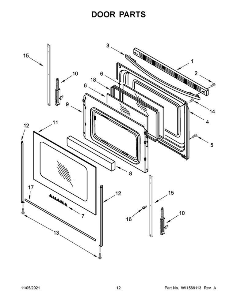 Door Parts Diagram and Parts List for AGR6603SFW4  Amana Range
