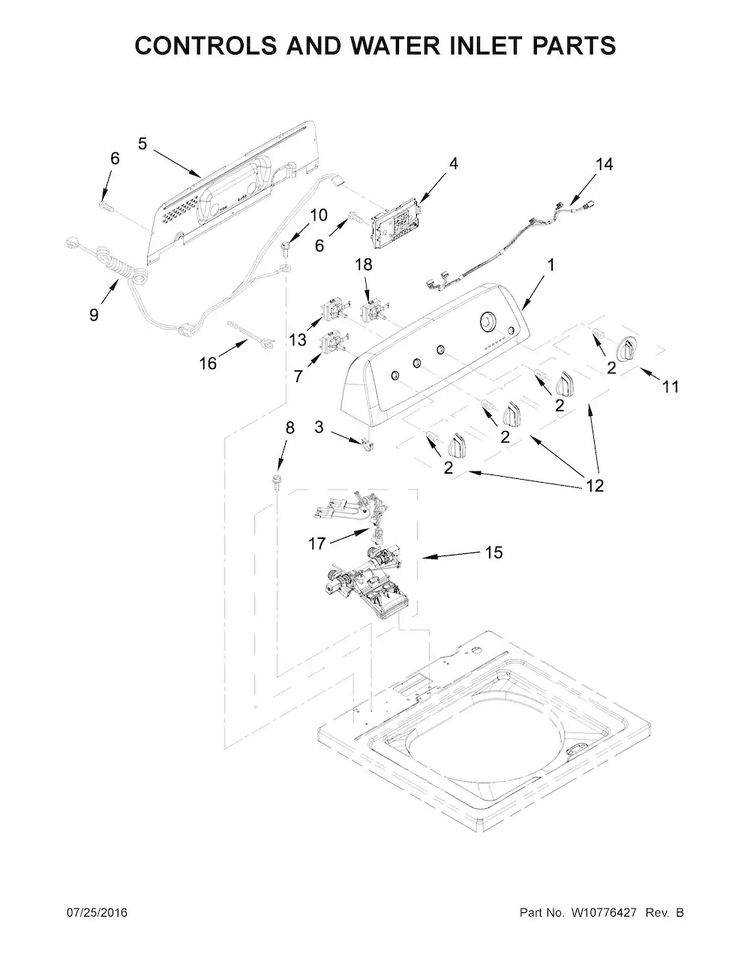Controls And Water Inlet Parts Diagram and Parts List for NTW4705EW0  Amana Washer