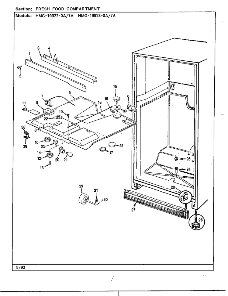 Fresh Food Compartment Diagram and Parts List for 19922-7A  Admiral Refrigerator