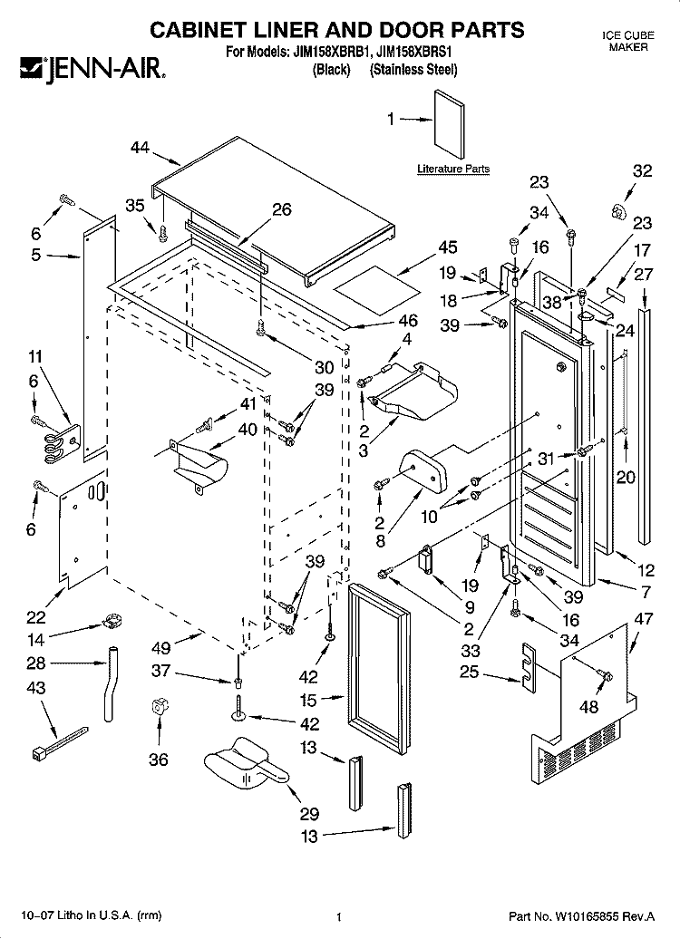 CABINET LINER AND DOOR PARTS Diagram and Parts List for JIM158XBRB1  Jenn-Air Ice Maker