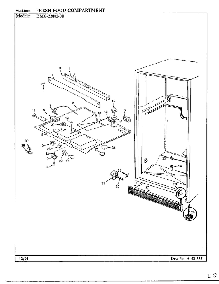 Fresh Food Compartment Diagram and Parts List for 23802-0B  Admiral Refrigerator