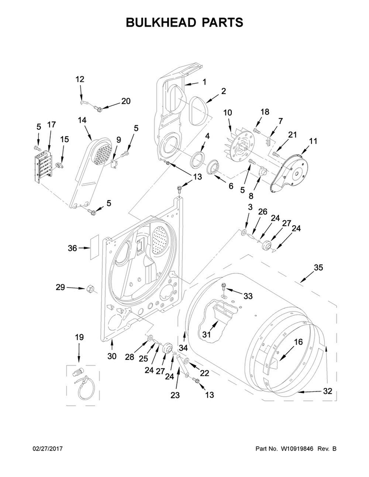 Bulkhead Parts Diagram and Parts List for 4KMEDC215FW0  Maytag Dryer
