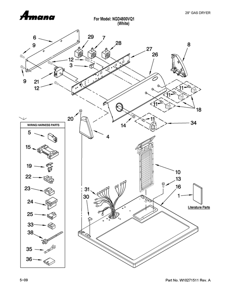 Top And Console Parts Diagram and Parts List for NGD4800VQ1  Amana Dryer