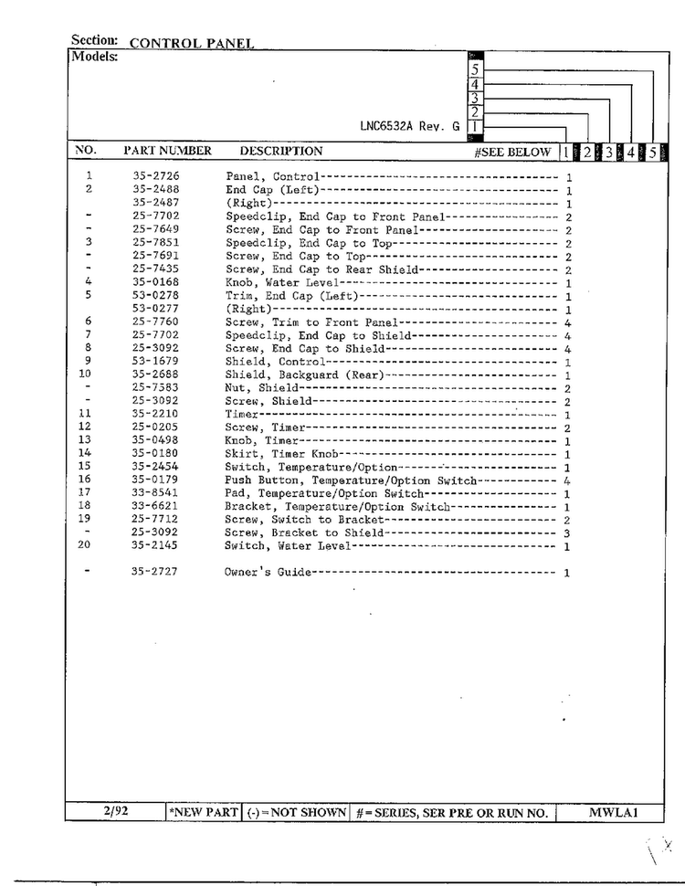 Control Panel Page 2 Diagram and Parts List for 6532A REV G Norge Washer