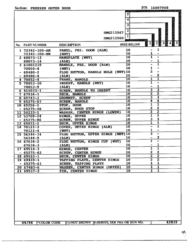 Freezer Outer Door Page 2 Diagram and Parts List for HMG-211560  Admiral Refrigerator