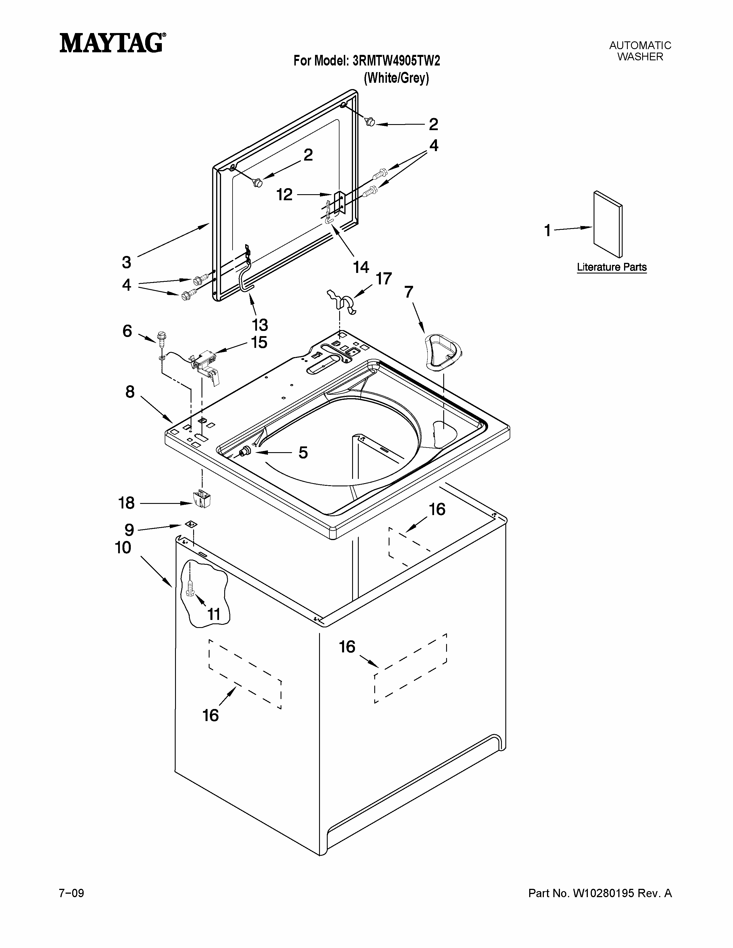 Top And Cabinet Parts Diagram and Parts List for 3RMTW4905TW2  Maytag Washer