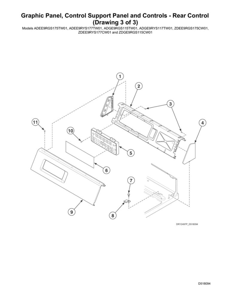 Graphic Panel/Rear Control Support Panel/Controls Diagram and Parts List for ADEE9RYS177TW01 2001000001 Speed Queen Dryer