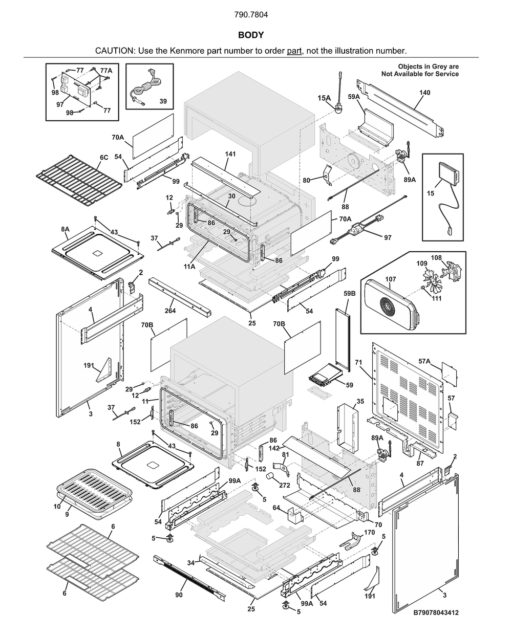 Body Diagram and Parts List for 79078042414  Kenmore Range
