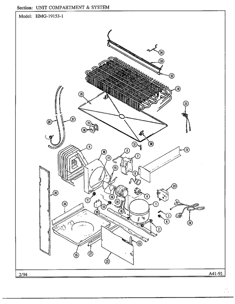 Unit Compartment And System Diagram and Parts List for 19153-1  Admiral Refrigerator