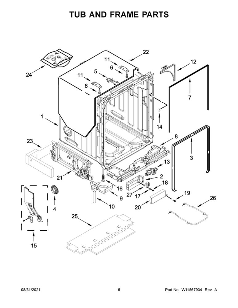 Tub And Frame Parts Diagram and Parts List for JDPSS244LL1  Maytag Dishwasher