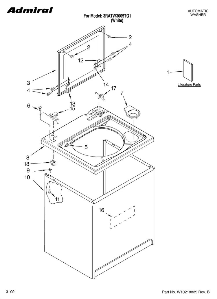 Top And Cabinet Parts Diagram and Parts List for 3RATW3005TQ1  Admiral Washer