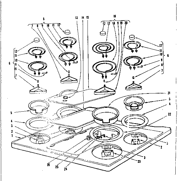 Cook Top Section Diagram and Parts List for 101935600  Kenmore Range